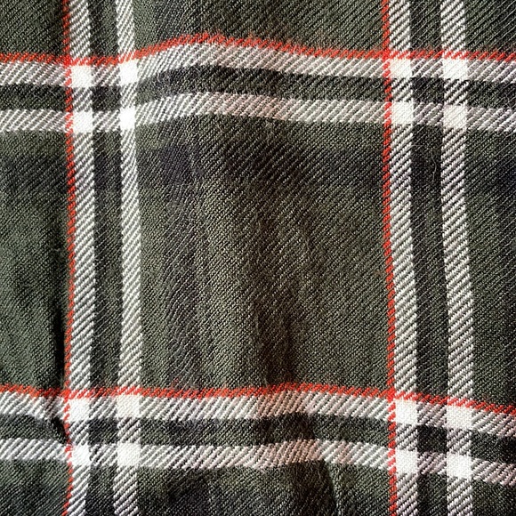 Dark olive green with red and white plaid detail with ruffle front. - Picture 4 of 4